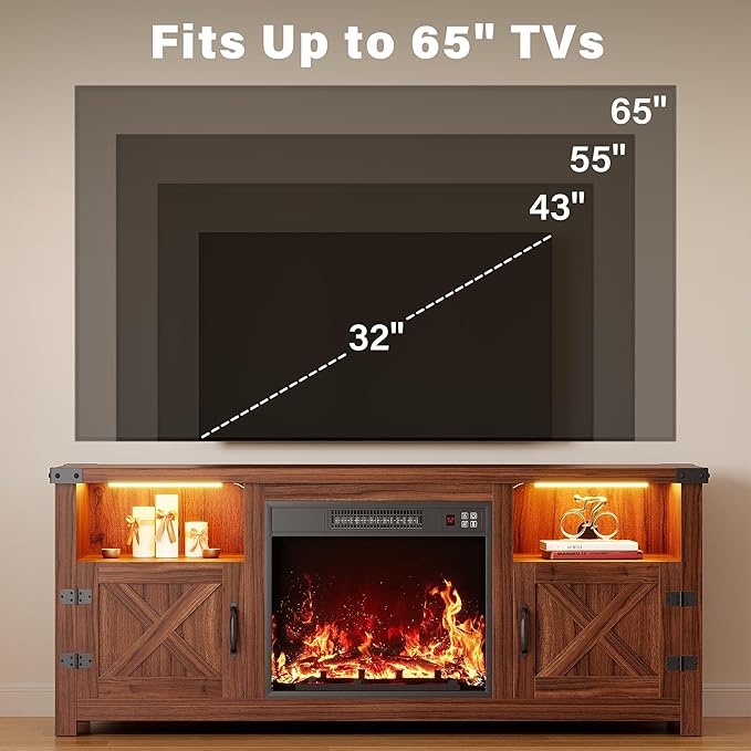 YESHOMY LED Fireplace TV Stand with Mood Lighting TV Cabinet with Open Shelf Farmhouse Media Console with Hidden Cable Routing Entertainment Center for Televisions up to 65+ Inch Walnut