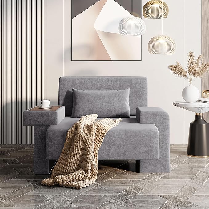 Modern 48'' Wide Oversized Armchair Mid-Century Accent Chair with Pillow Upholstered Sturdy Wood Frame &amp Soft Cushion for Living Room Asymmetrical Armrest Design (Gray+Polyester)