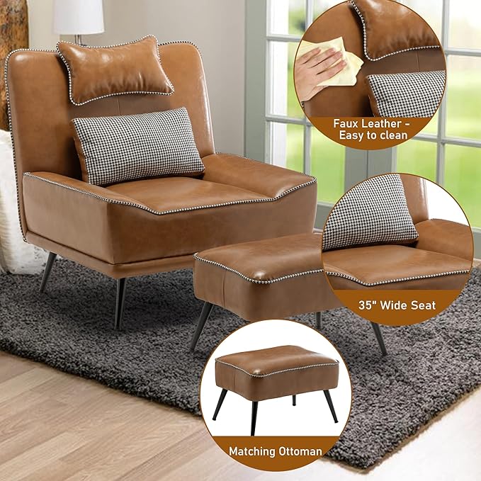 Yongqiang 35 Accent Chair with Ottoman Mid Century Modern Upholstered Faux Leather Chairs for Living Room Bedroom Lounge Chair Armless Sofa Chair and Ottoman Brown