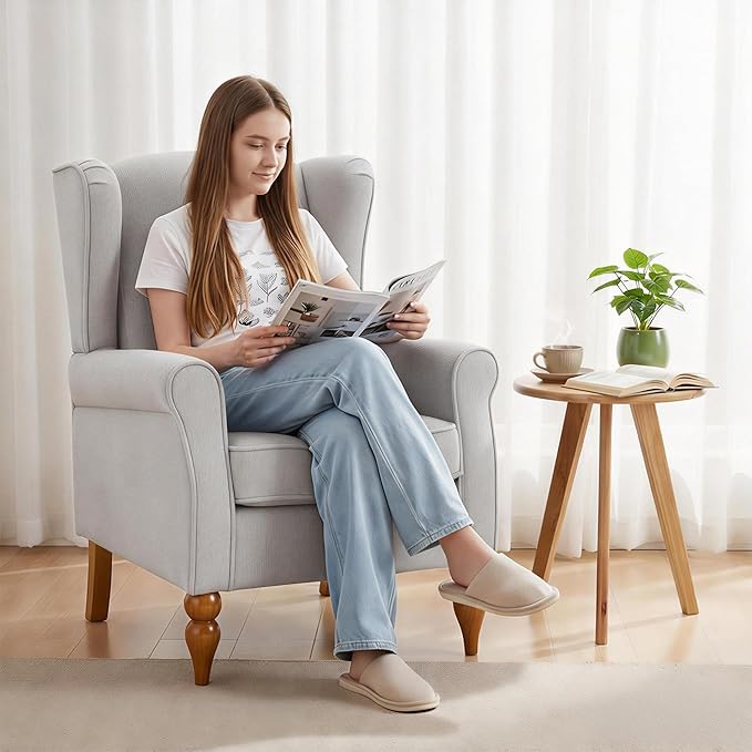Modern Wingback Living Room Chair Upholstered Accent Armchair Single Sofa Chair with Lounge Seat and Wood Legs for Office/Bedroom/Reading Spaces Beige