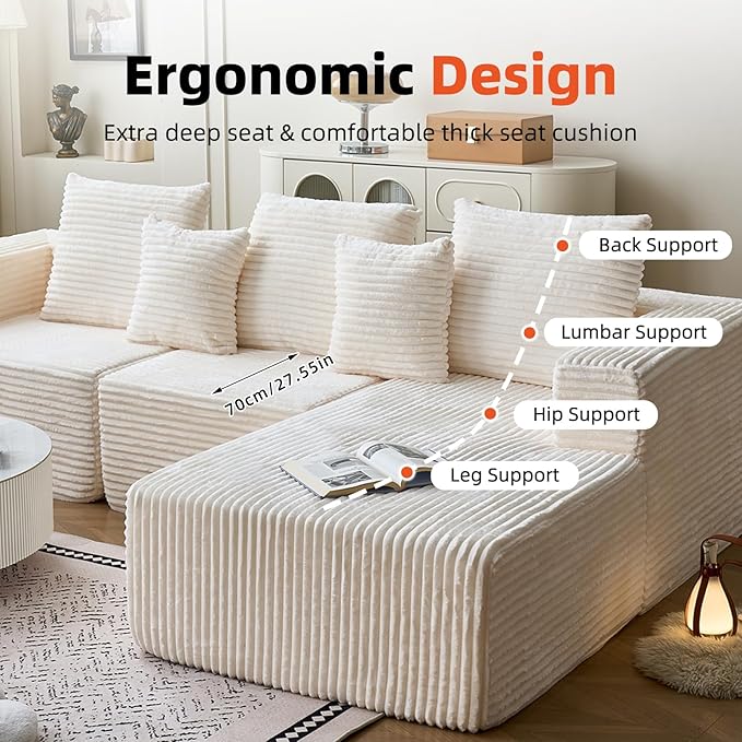 108” Boneless Couch for Living RoomModular Sectional Sofa with Right ChaiseCloud Sectional Couch L-Shaped Deep Seat Corner Couches for BedroomBeige