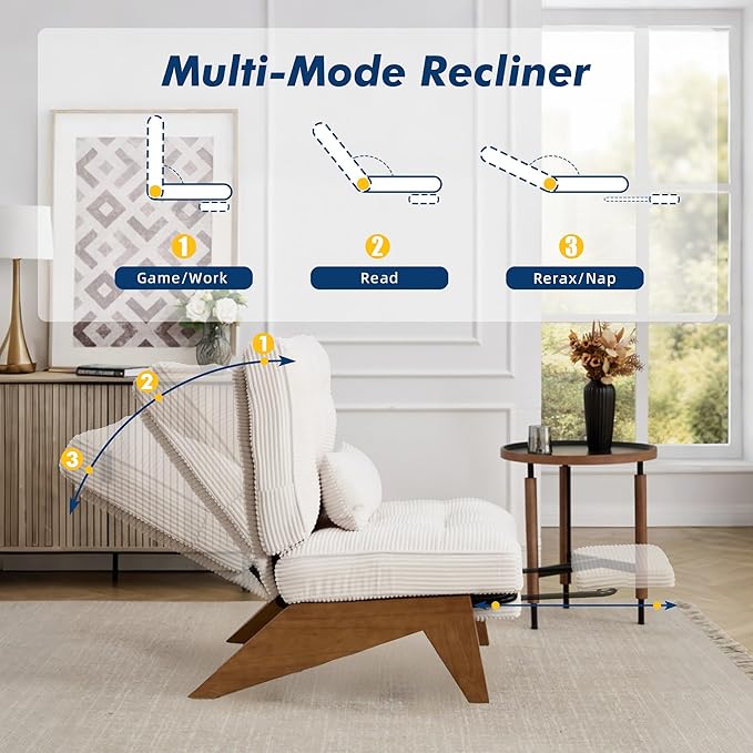 Accent Chair with Ottoman Adjustable Backrest Stripe Living Room Chair Indoor Lounge Chair with Build-in Footrest Set Modern Chair Cozy Reclining Chair for Reading Room Beige