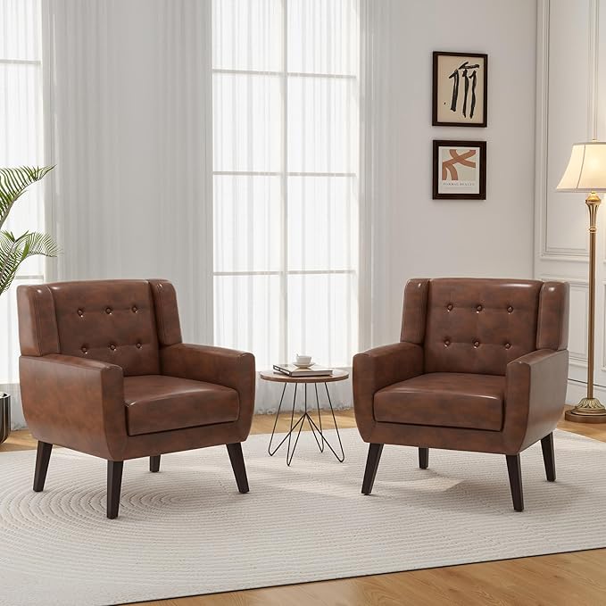 Accent Chair Mid-Century Modern Fabric Chairs with Arms for Living Room Comfy Upholstered Club Single Sofa Armchair for Bedroom Waiting Room with Solid Wood Frame