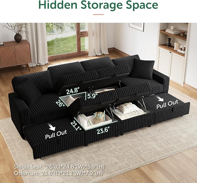 HONBAY 121.3 Inch Modular Sectional Sleeper Sofa with Pull Out Bed Convertible L &amp U Shaped Couch with Storage &amp Adjustable Backrest Velvet Black