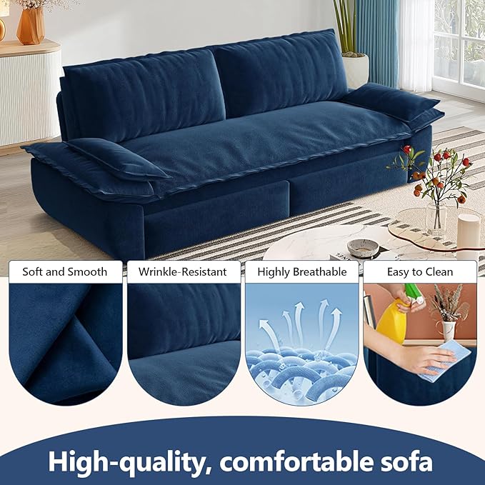 73.2 Queen Size Sofa Bed 3 in 1 Convertible Pull Out Sleeper Sofa with Thicked Cushions and Side Storage Velvet Loveseat Couch for Home Living Room Bedroom Apartment Lounge Small Spaces Blue