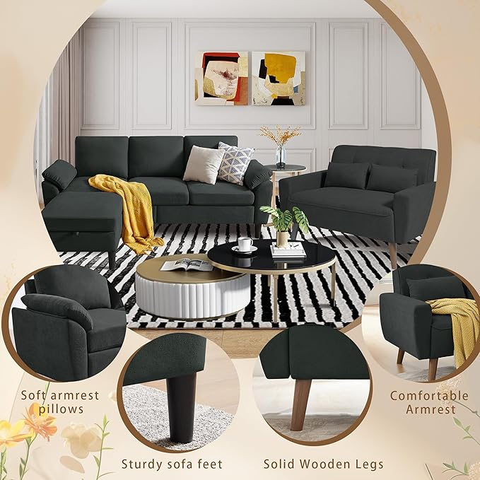 2 Piece Sectional Sofa Set 3-Seat Small L Shaped Couch with Storage Ottoman and 2 Seat Loveseat Sofa Set Polyester Fibre for Living Room Black