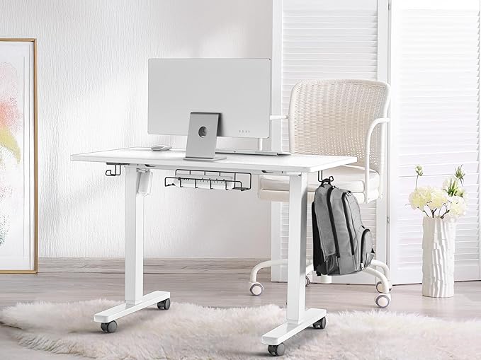 SHW 40-Inch Mobile Electric Height Adjustable Sit to Stand Desk with Drawer Hanging Hooks and Cable Management White