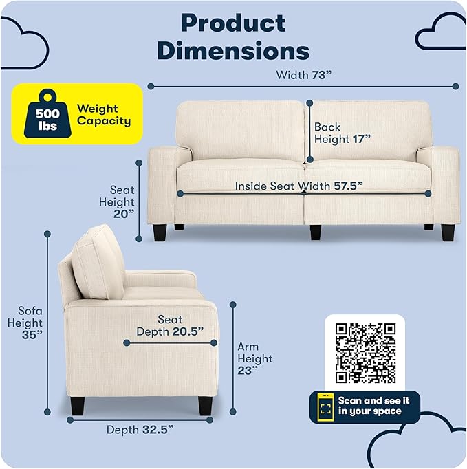 Serta Palisades 73 Track Arm Sofa Easy Care Polyester Soft Pillow Back Pocket Coil Seat Cushions Removable Covers Loveseat or Couch for Small Spaces Living Rooms or Bedrooms Buckwheat Beige