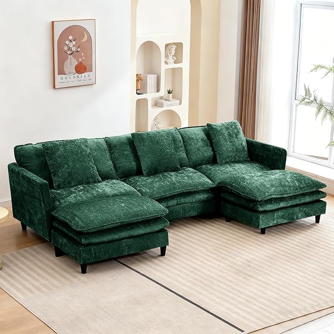 Modular Sectional Sofa143.31'' Modern Sofa Sleeper CouchComfy Cloud Couches with 3 Seat &amp 2 Ottoman &amp 3 Pillows Sofa SetDeep Seat Sofa with Movable Ottoman for Living RoomChenille(Green U