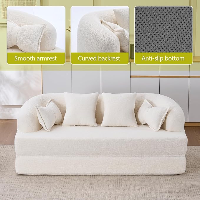 69.9 Folding Sofa Bed Full Sponge Convertible Sofa Bed with Wood Grain Chenille Fabric Easy to Carry Multi-Functional Guest Bed for Living Room Apartment Office