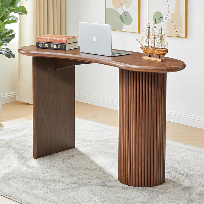 LEVNARY 54.3 Curved Small Computer Desk Wooden Executive Desk with Sturdy Fluted Legs Modern Luxury Corner Single Writing Vanity Desk for Bedroom Living Room Home Office (Walnut)