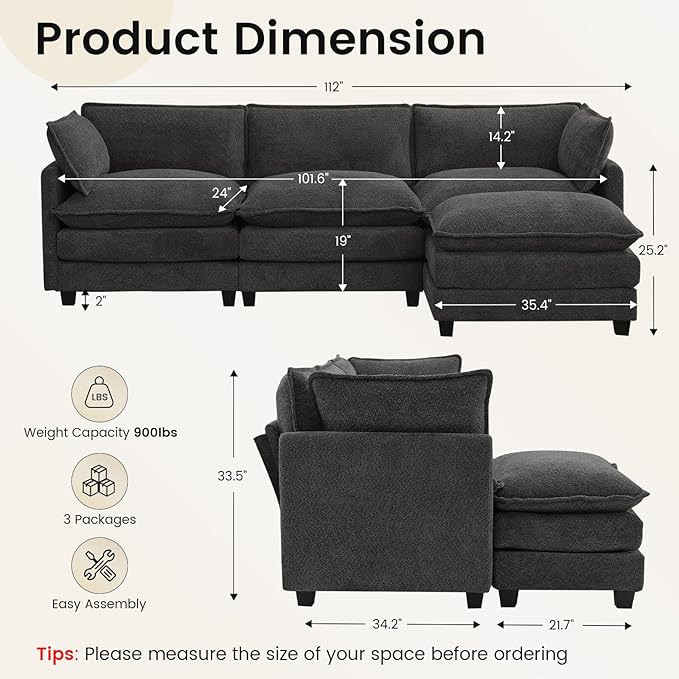 ROWHY Oversized Modular Sectional Couch with Movable Ottoman 112 Modern Convertible L Shaped Sofa Set 4 Seat Comfy Cloud Couch with 2 Throw Pillows for Living Room Chenille Charcoal Grey