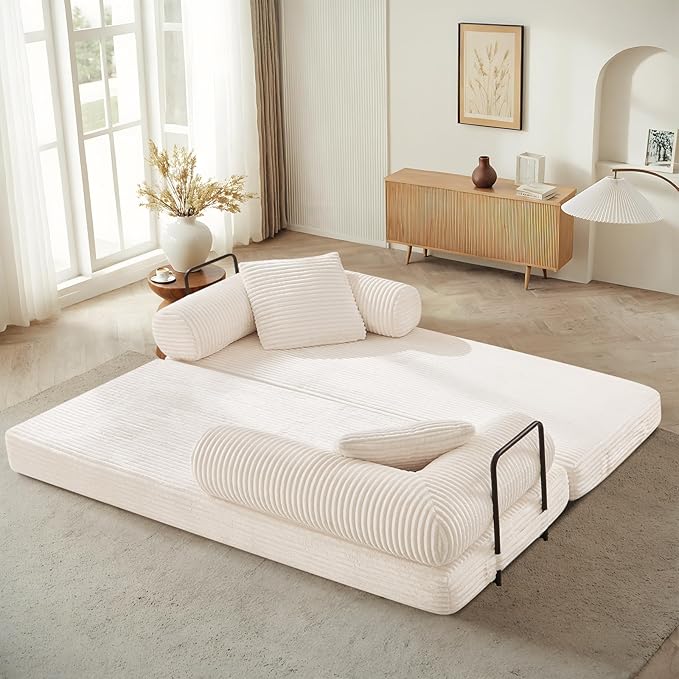 Folding Sofa Bed Convertible Corduroy Comfy Loveseat Sleeper Bed Modular Foam Compression Sofa Couch Floor Lazy Chaise Lounge for Guest Room Living Room Studio (Beige)