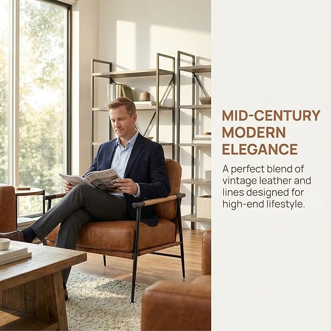 DUOMAY Mid-Century Modern Accent Chair Set of 2 Armchair Brown PU Leather Sofa Lounge Bedroom Chair with Metal Leg for Living Room Reading Office