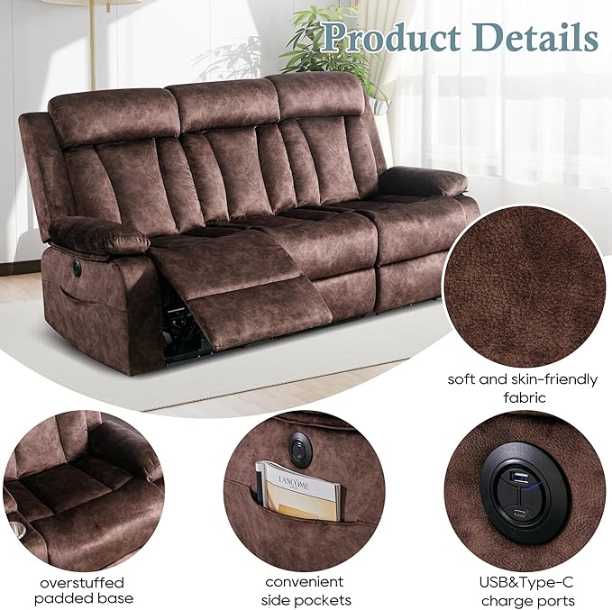 Power Reclining Sofa – 3 Seater Reclining Couch with Massage &amp Heat Drop-Down Table USB &amp Type-C Charging Ports Cup Holders Dutch VelvetPower Sofa for RVMedia Room &amp Living Room