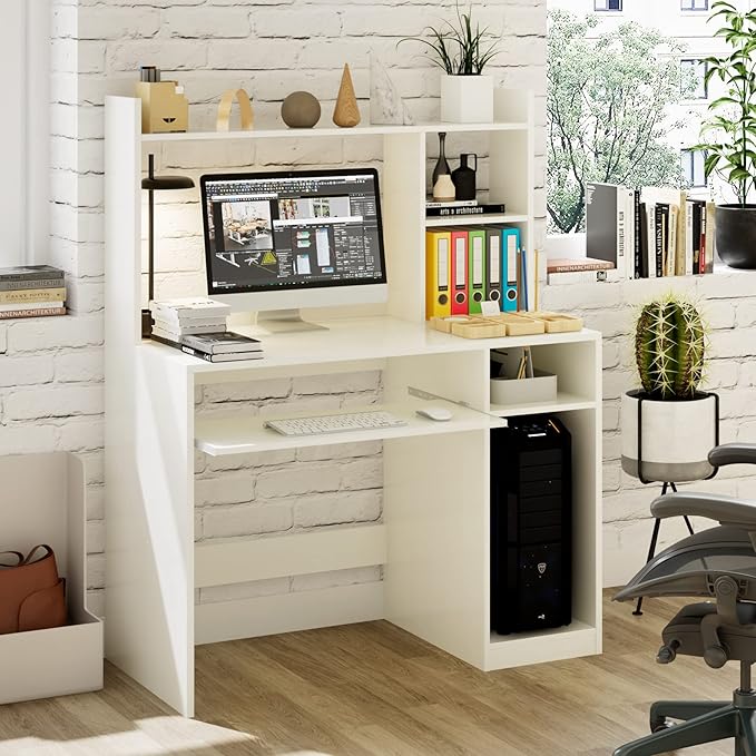 Home Office Desk w/Hutch Gaming Table Workstation w/Keyboard Tray CPU Stand &amp Bookshelf Modern &amp Space-Saving Writing Desk for Dorm Bedroom White