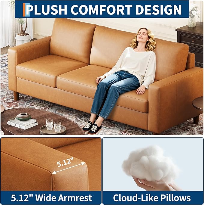 GarveeHome Leather Sofa 83 in Mid-Century Modern Couch 3 Seater Sofa with Armrests and Comfy Cushions Deep Seat Sofas for Living Room Bedroom Office