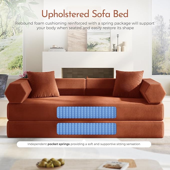 79'' Convertible Sofa Bed 5-in-1 Folding Sleeper Couch with Pull Out Bed Corduroy Modular Floor Sofa No Assembly Space Saving Guest Bed for Living Room Apartment Bedroom (Orange1) | Convertible Sof