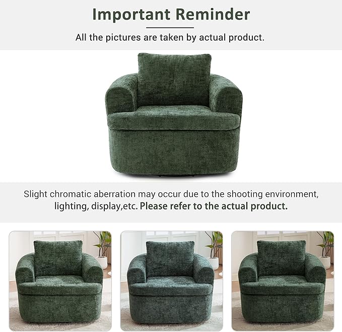 Merax 360° Swivel Sofa Chair Chenille Fabric Accent Barrel Chair 36.6 Swivel Round Chair with Dual-Layer Cushion Design for Living Room Bedroom Office and Hotel Green