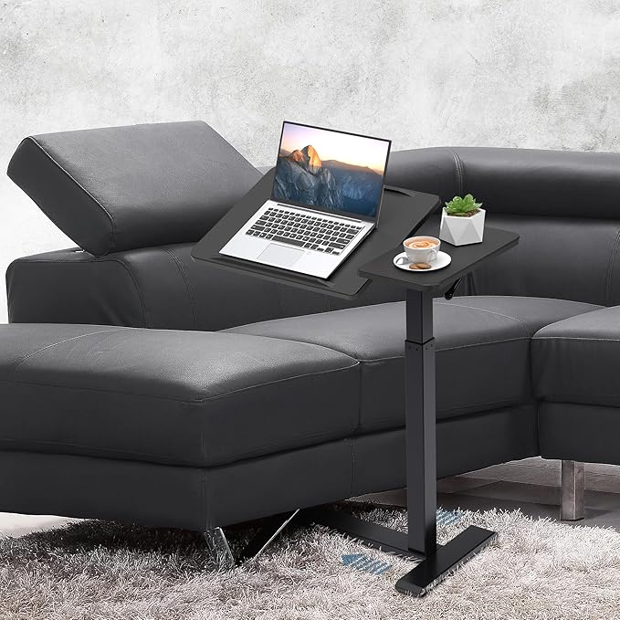 Adjustable Overbed Bedside Table with Hidden Wheels Pneumatic Tilt Board Rolling Laptop Standing Desk Cart Mobile Over Bed Sofa Chair Side End Tables Walnut (Black)