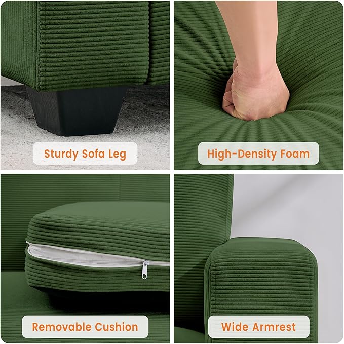 Modern Loveseat Sofa Couches for Living Room 83 Boneless Comfy Corduroy Sofa for Apartment Bedroom or Office Soft Upholstered Couch Compact Spaces Deep Seats Wood Frame Removable Cover Green