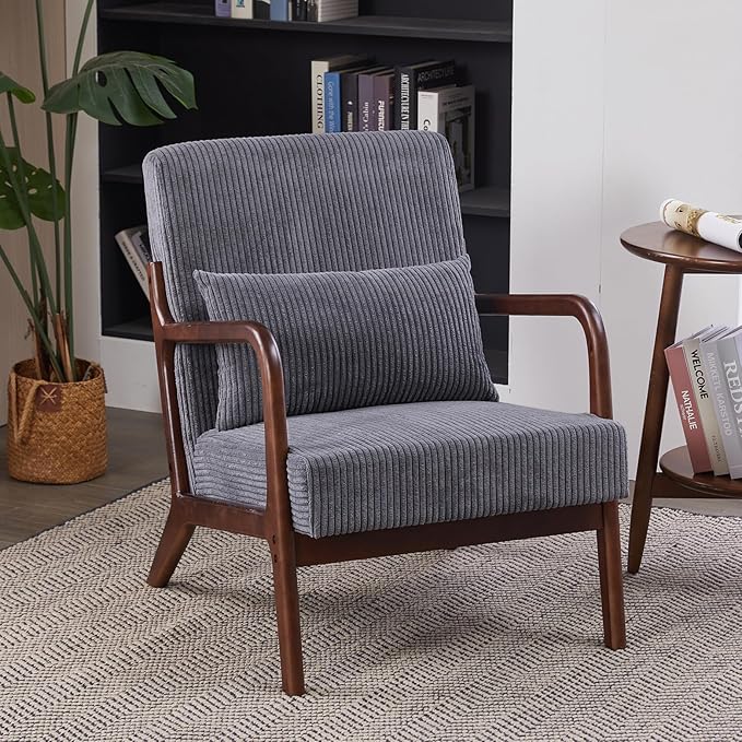 Mid-Century Modern Accent Chair with Throw Pillow Upholstered Fabric Armchair Solid Wood Frame Reading Chair for Living RoomBedroomReadingBalcony (Dark Grey &amp Walnut)