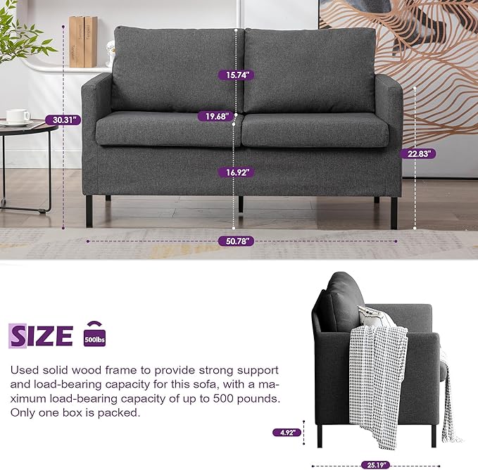 TYBOATLE Linen Fabric Modern Small Loveseat Sofa Couch for Living Room 51 W Little Upholstered 2-Seater Mini Love Seats w/Iron Legs for Small Space Apartment Bedroom Dorm Office (Dark Grey)
