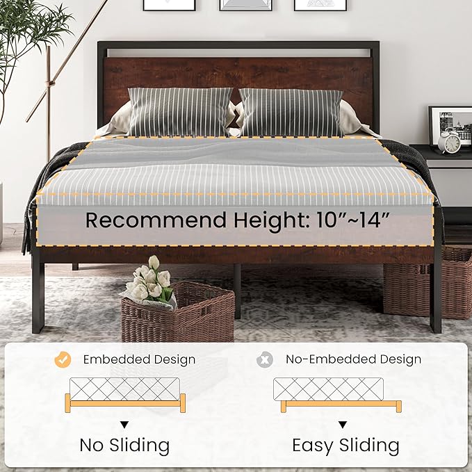 SHA CERLIN 14 Inch Queen Size Metal Platform Bed Frame with Wooden Headboard and Footboard Mattress Foundation No Box Spring Needed Large Under Bed Storage Non-Slip Without Noise Mahogany