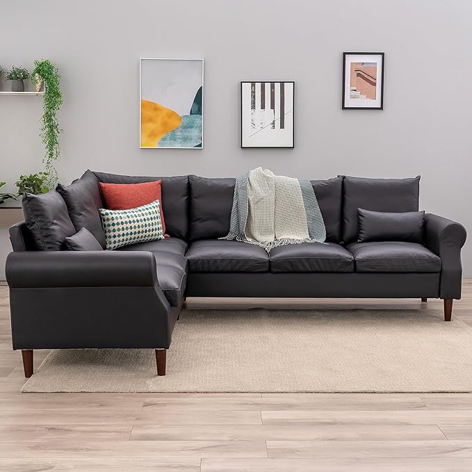 Panana 6 Seater L Shape Corner Upholstered Sofa Couch Artificial Leather L Shaped Corner Sectional Loveseat Ottoman Modern Living Room Sofa (Black Faux Leather 6 Seater L Shape Corner Sofa)