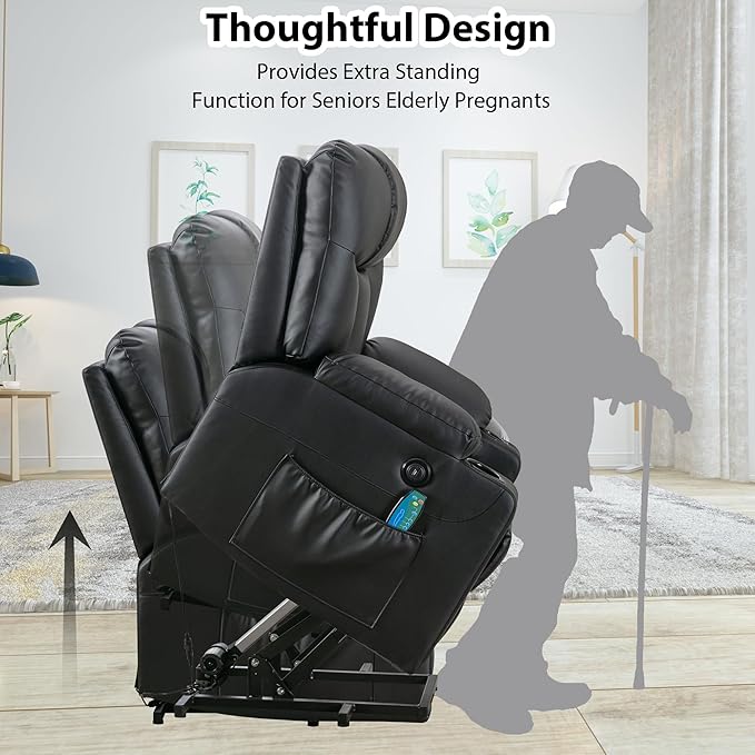 Bonzy Home 26 Extra Wide Lift Chair with Heat and Massage Faux Leather Power Lift Recliner Massage Chair for Adults Elderly Upholstered Recliner with 2 Cup Holders Side Pocket