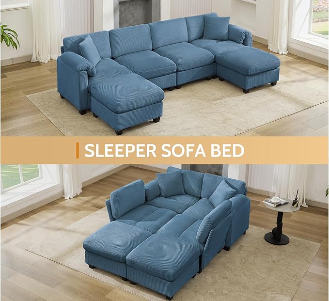 DRMBOOK 115'' U Shaped Modular Sectional Cloud Couch Comfy Corduroy 6 Seater Sofa with Curved Armrest Modern Deep Seat Modular Sofa for Living Room (Blue 5 Seat+1 Corner+1 Ottoman)