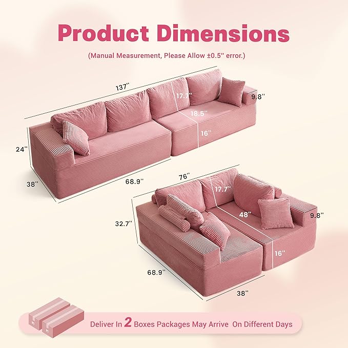 138 Modular Sofa Memory Foam Sectional Couches for Living Room Set of Sleeper Sofa Bed Corduroy Pink