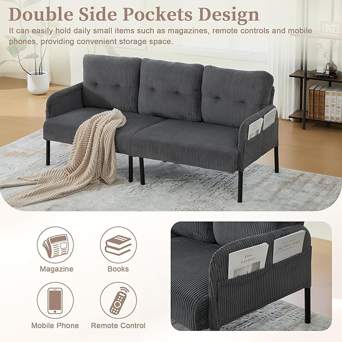 KEIKI 67 Corduroy Loveseat Sofa with Double Side Pockets &amp High Resilience Cushion Modern Style Upholstery Oversized 2-Seater Couch with Metal Legs Easy Assembly for Living Room Gray