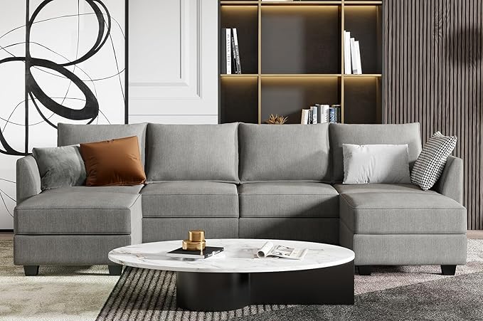 HONBAY Modular Sectional Sofa with Storage U Shaped Modular Sofa 6-Seater Sectional Couch for Living Room Grey