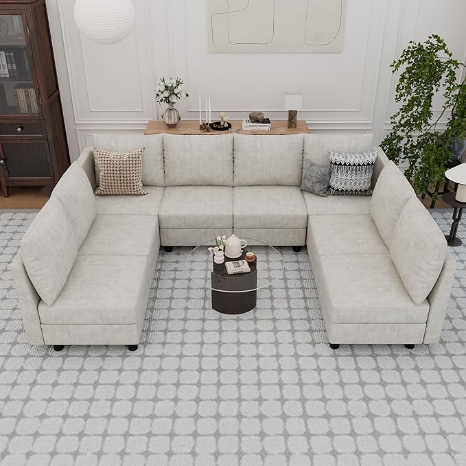 Fiona's magic Modular Sectional Sofa Set 8 Seats Sleeper Sofa Couch with Storage Sectional Sofa Couch with USB Charging Port Modern Comfy Chenille Couch for Living Room Beige