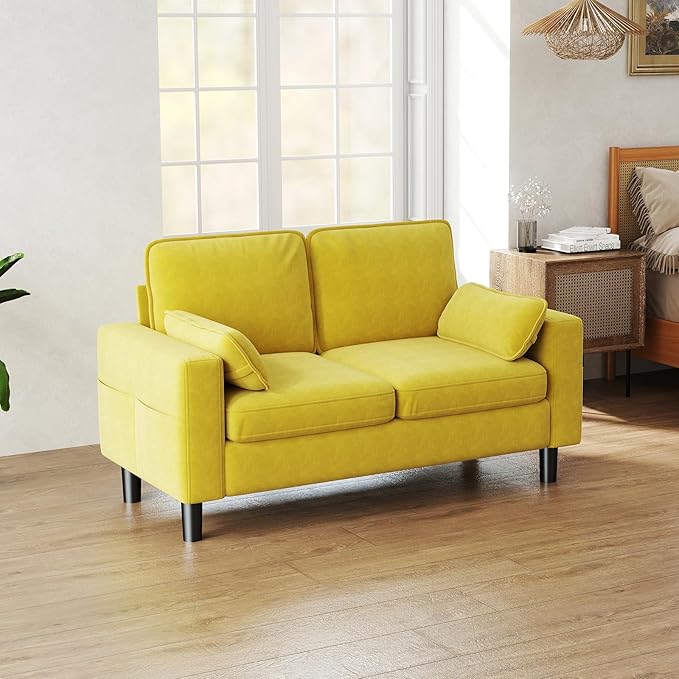 MOTION Loveseat Modern Sofa - Mid Century Couch with Soft Armrest Pillows for Living Room Comfy Office Furniture with Deep Seats Mustard Yellow