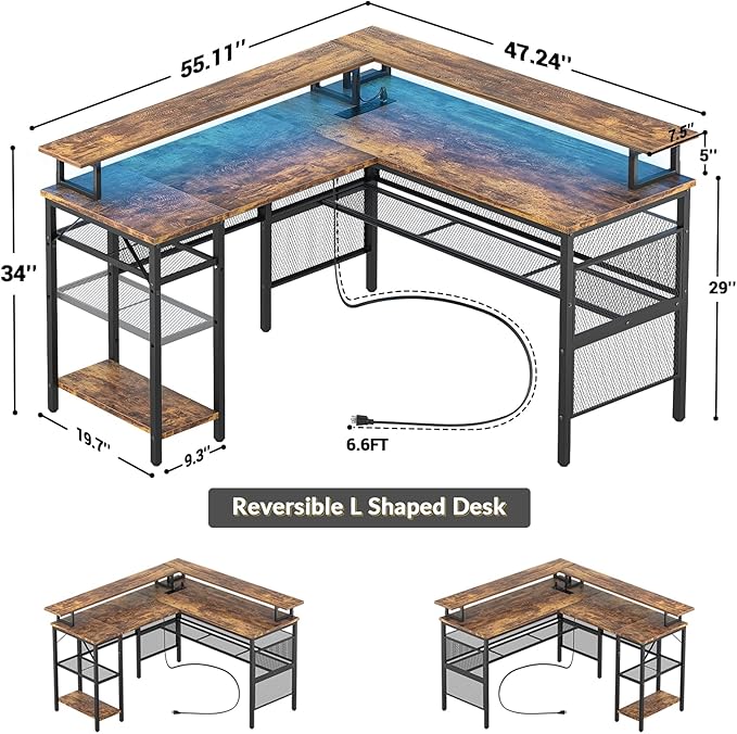 Unikito L Shaped Desk with LED Light and Power Outlet Reversible Corner Computer Table with Monitor Stand and Storage Shelf Modern L- Shaped Gaming Desk Ergonomic Home Office Desk Rustic Brown