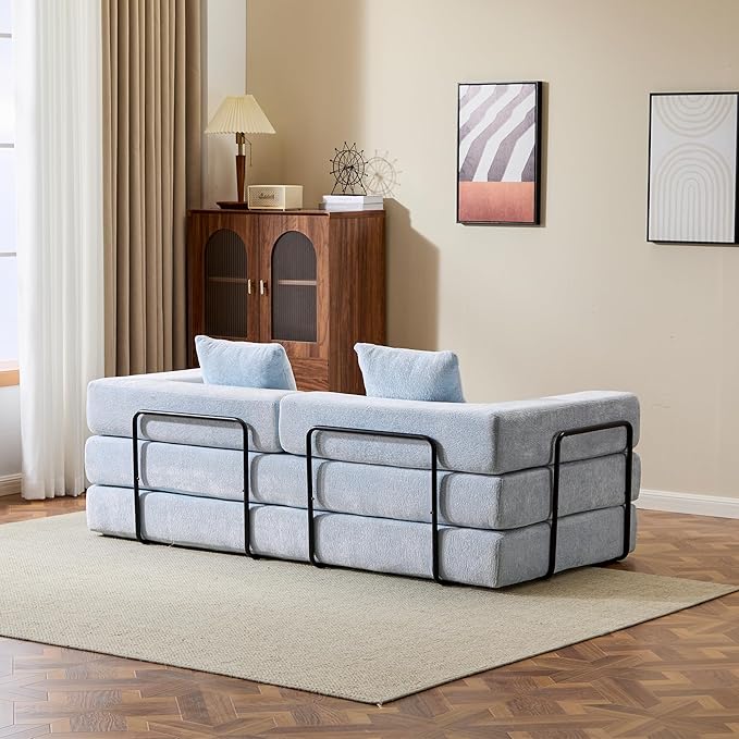 Folding Convertible Sofa Bed 4-in-1 Boneless Couch Sleeper Sofa 76.8'' Chenille Foldable Mattress Couch with Fixed-Shape Frame Floor Sofas Modular Futon Couches for Living Room Light Blue