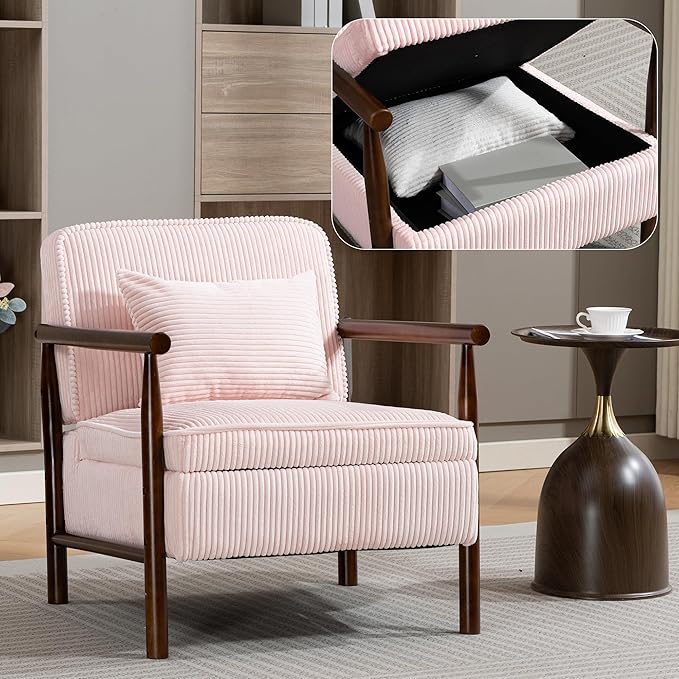 Yoglad Accent Chair with Storage Corduroy Fabric Reading Chair with Wood Frame Mid Century Modern Storage Armchair for Living Room Bedroom Apartment(Light Pink)
