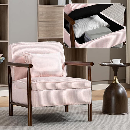 Yoglad Accent Chair with Storage Corduroy Fabric Reading Chair with Wood Frame Mid Century Modern Storage Armchair for Living Room Bedroom Apartment(Light Pink)