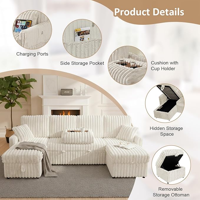 104 U Shaped Sleeper Sofa Bed Sectional Couches for Living Room Plush Corduroy Pull Out Couch Bed with Storage Modular Sectional Couch with Charging Station Cup Holder Side Pocket Beige