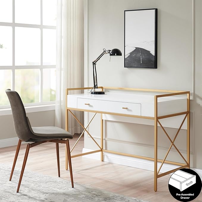 Pemberly Row Mixed Wood and Metal Home Office Desk White/Satin Gold Finish 44 x 22 x 32 in Drop Front Keyboard Drawer Adjustable Floor Levelers Modern Computer Desk for Workspace or Study