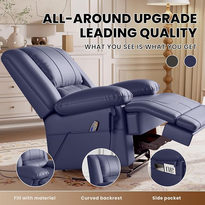 Large Dual Motor Power Lift Recliner Chair with Massage and Heat for Elderly People Infinite PositionUSB Ports and Remote ControlBreathable Leather (Blue)