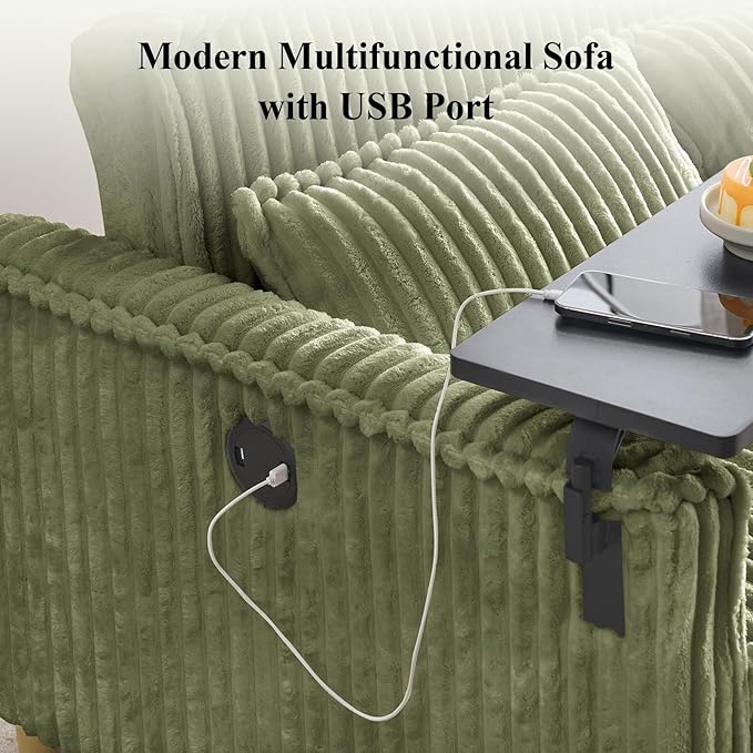 3 in 1 Pull Out CouchCorduroy Upholstered Convertible Sleeper Sofa Bed with Movable Side Table Modern Multifunctional Sofa with USB Port Cushioned Couch for Living Room (Green)