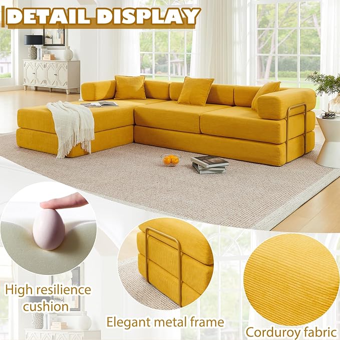 108 Modular Sectional SofaFuton Convertible Sofa BedOversized Corduroy Boneless Couch for Living RoomFloor Loveseat Sleeper with Pull Out BedFree CombinationNo Assembly Required (Yellow)