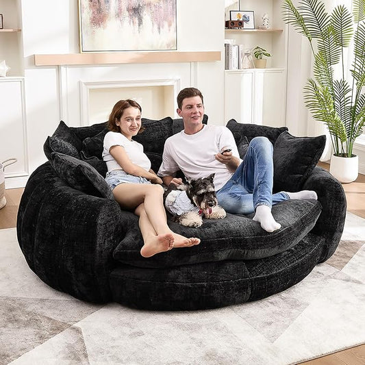 81” Oversized Upholstered Round Sofa Bed Circle Chaise Lounge Chair Indoor Modern Chenille Cloud Couch with 14 Pillows Comfy Bean Bag Chair Reading Couch Fluffy Sleeper Sofa for Living Room(Black)