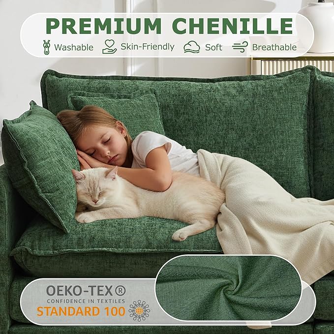 78 Modular Sectional Sofa Cloud Couch Loveseat Sofa with 2 Movable Ottoman Comfy Chenille Deep Seat Sofa with Throw Pillows 4 Seat Modern Couches for Living Room Bedroom and Apartment Green