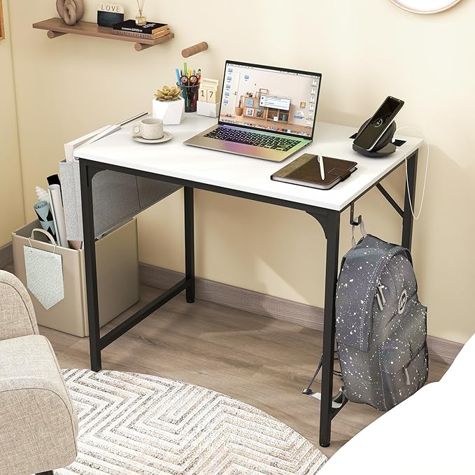 Giantex 32 Inch Computer Desk with Charging Station Home Office Writing Desk with Storage Bag &amp Headphone Hook Compact Gaming Table PC Workstation Modern Simple Laptop Desk for Bedroom Study