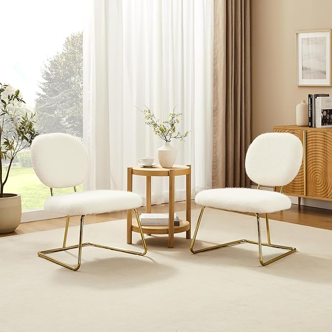 Zouron Living Room Chairs Set of 2 Fabric Armless Accent Chairs Upholstered Slipper Chairs for Bedroom Study Nursery White