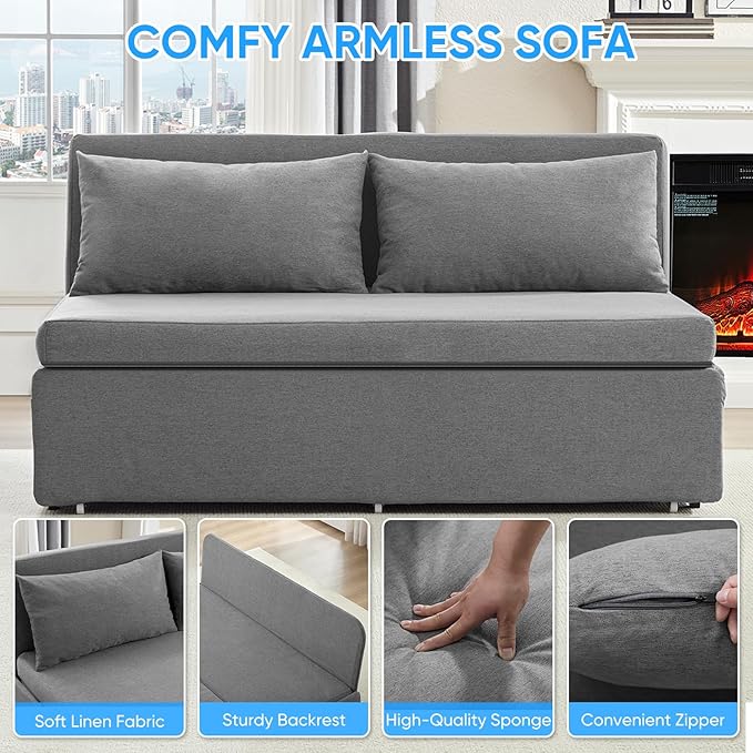 PUREMIND Queen Size Pull Out Sleeper Sofa Bed Linen Convertible Sofa Bed with Foldable Mattress Loveseat Couch Pull Out Bed with 2 Cushions for Small Place Apartment Office Light Grey